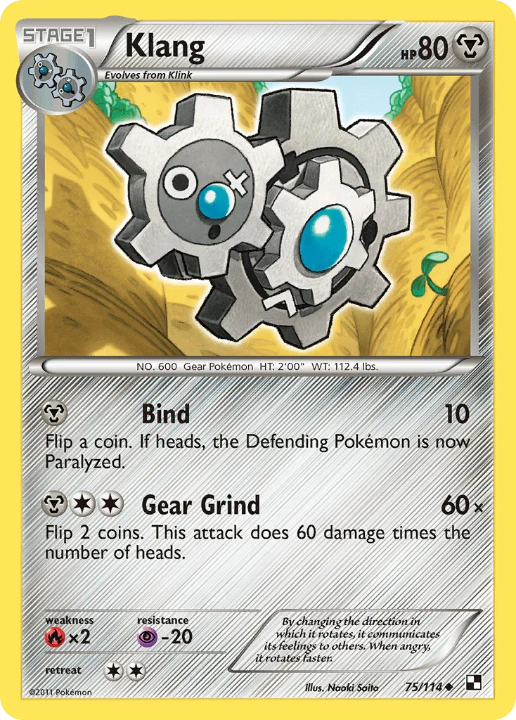 75, Black & White: Base Set, Fire[×2], Metal, Normal, Psychic[-20], Reverse Holofoil, Uncommon Klang (75/114) [Black & White: Base Set] - Trading Card World
