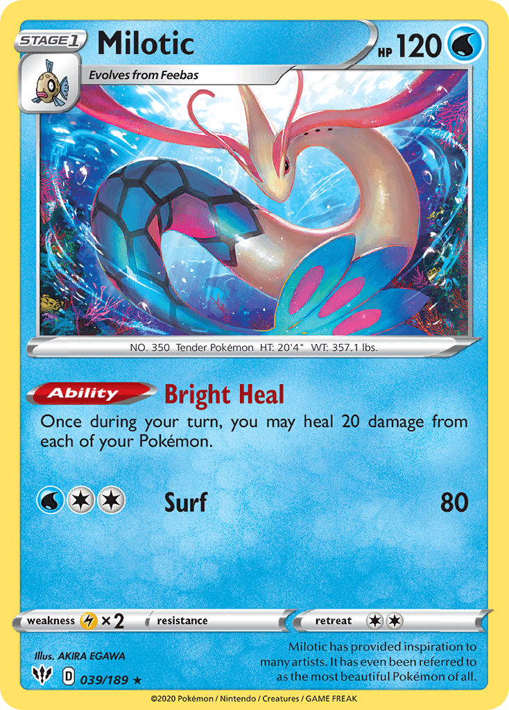 039, Holo Rare, Holofoil, Lightning[×2], Reverse Holofoil, Sword & Shield: Darkness Ablaze, Water Milotic (039/189) [Sword & Shield: Darkness Ablaze] - Trading Card World