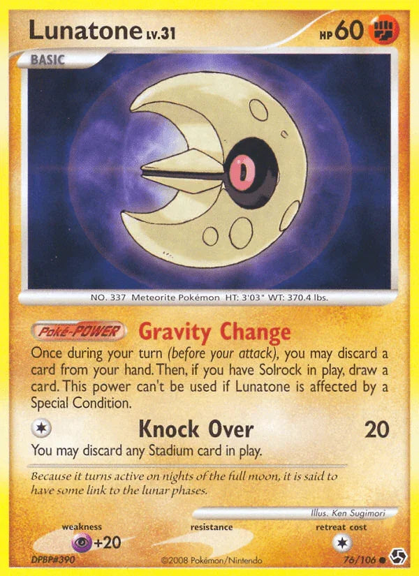 76, Common, Diamond & Pearl: Great Encounters, Fighting, Normal, Psychic[+20], Reverse Holofoil Lunatone (76/106) [Diamond & Pearl: Great Encounters] - Trading Card World