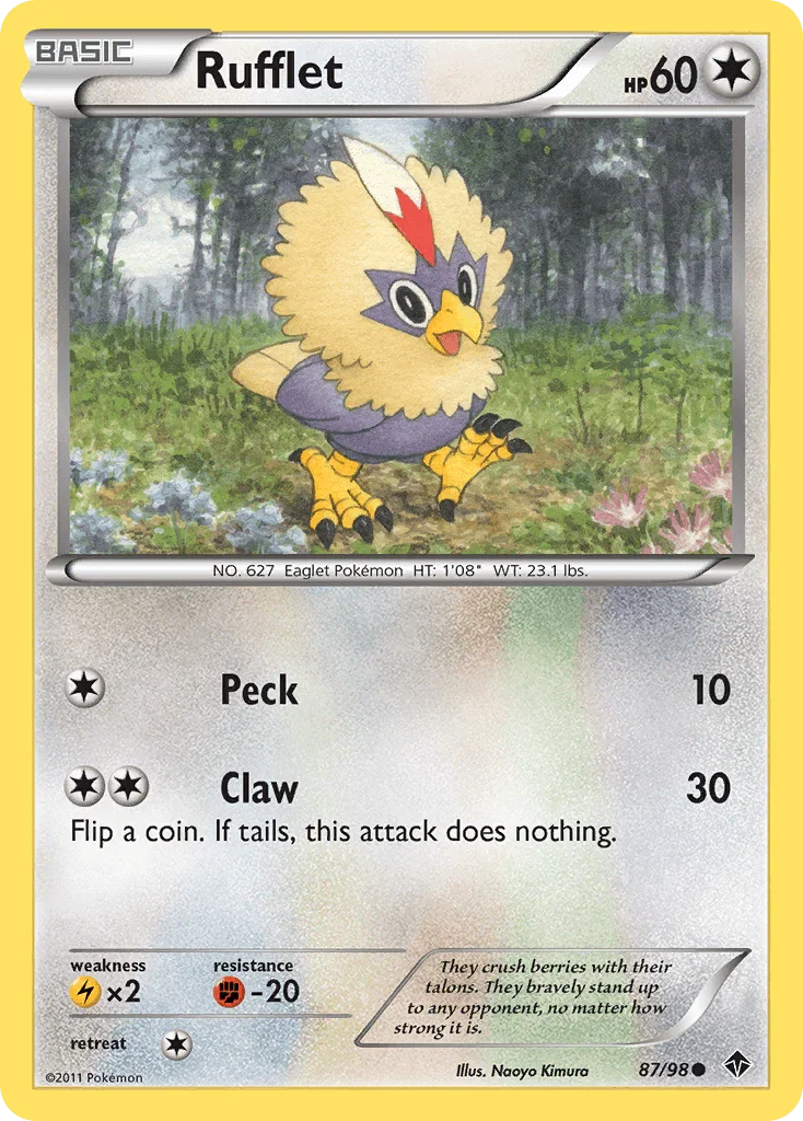 87, Black & White: Emerging Powers, Colorless, Common, Fighting[-20], Lightning[×2], Normal, Reverse Holofoil Rufflet (87/98) [Black & White: Emerging Powers] - Trading Card World
