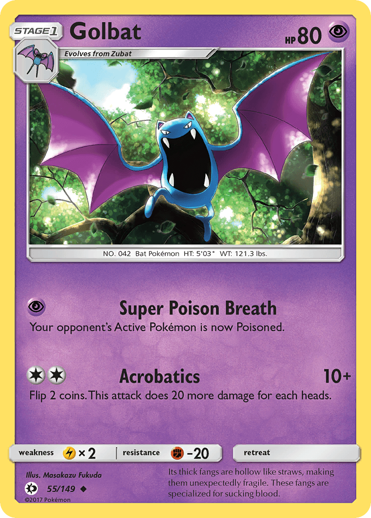 55, Fighting[-20], Lightning[×2], Normal, Psychic, Reverse Holofoil, Sun & Moon: Base Set, Uncommon Golbat (55/149) [Sun & Moon: Base Set] - Trading Card World