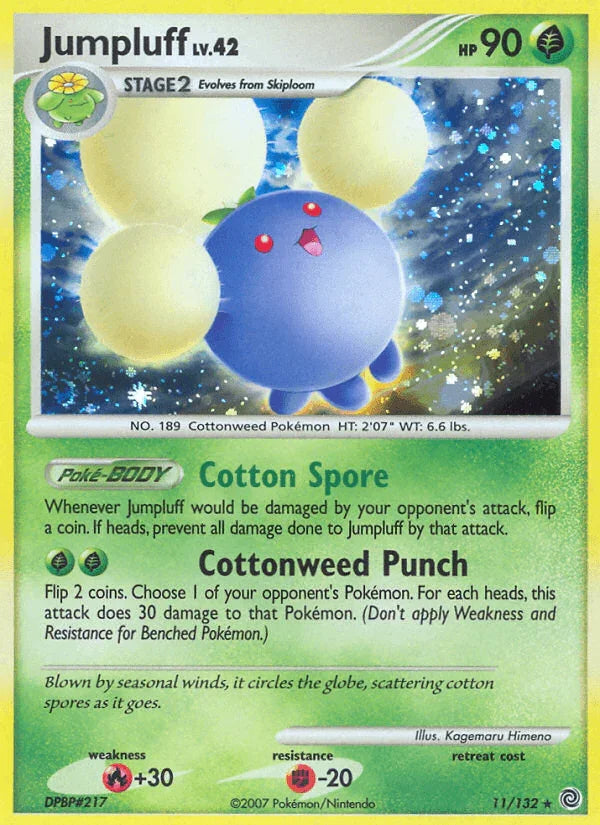 11, Diamond & Pearl: Secret Wonders, Fighting[-20], Fire[+30], Grass, Holo Rare, Holofoil, Reverse Holofoil Jumpluff (11/132) [Diamond & Pearl: Secret Wonders] - Trading Card World