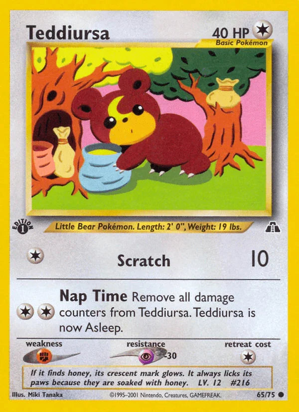 1st Edition Normal, 65, Colorless, Common, Fighting[×2], Neo Discovery 1st Edition, Psychic[-30] Teddiursa (65/75) [Neo Discovery 1st Edition] - Trading Card World