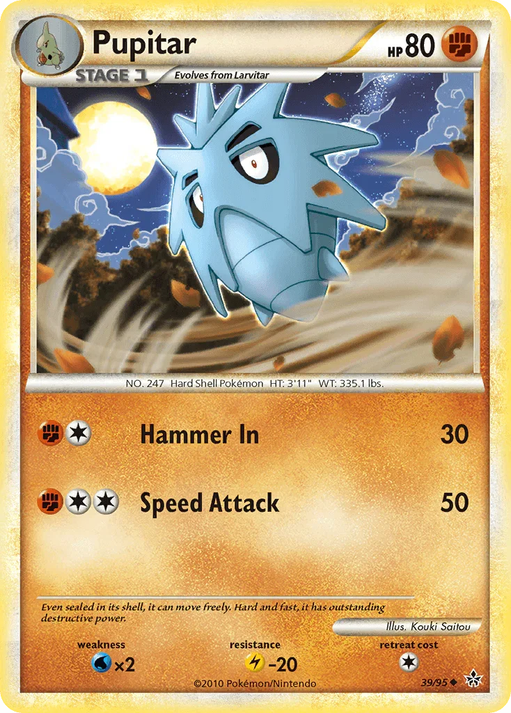 39, Fighting, HeartGold & SoulSilver: Unleashed, Lightning[-20], Normal, Reverse Holofoil, Uncommon, Water[×2] Pupitar (39/95) [HeartGold & SoulSilver: Unleashed] - Trading Card World
