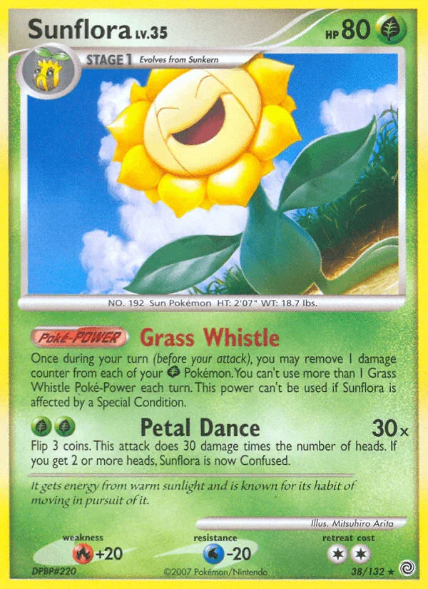 38, Diamond & Pearl: Secret Wonders, Fire[+20], Grass, Normal, Rare, Reverse Holofoil, Water[-20] Sunflora (38/132) [Diamond & Pearl: Secret Wonders] - Trading Card World