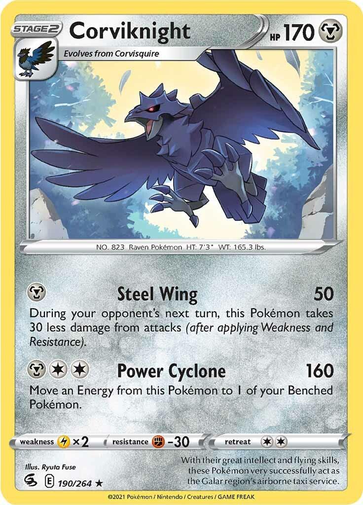 190, Fighting [-30], Lightning [x2], Metal, Normal, Rare, Reverse Holofoil, Sword & Shield: Fusion Strike Corviknight (190/264) [Sword & Shield: Fusion Strike] - Trading Card World