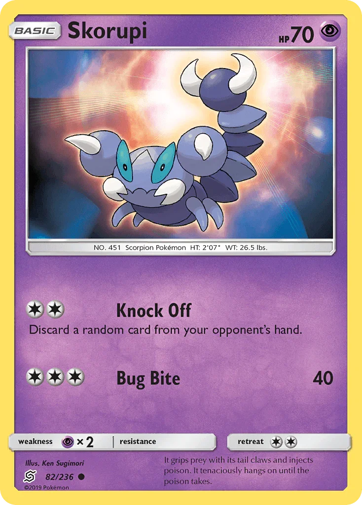 82, Common, Normal, Psychic, Psychic[×2], Reverse Holofoil, Sun & Moon: Unified Minds Skorupi (82/236) [Sun & Moon: Unified Minds] - Trading Card World