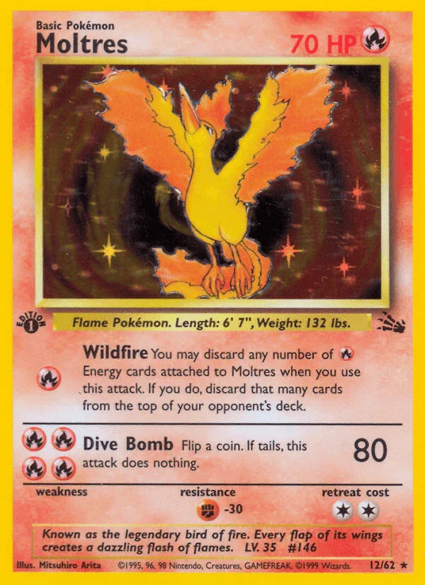 12, 1st Edition Holofoil, Fighting[-30], Fire, Fossil 1st Edition, Holo Rare Moltres (12/62) [Fossil 1st Edition] - Trading Card World