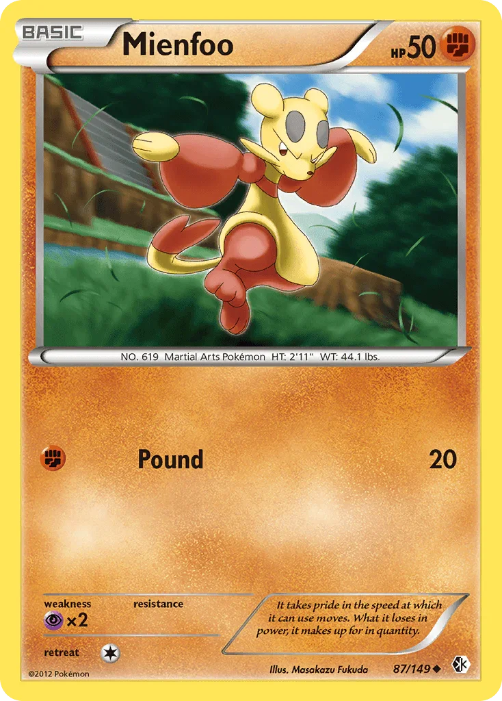 87, Black & White: Boundaries Crossed, Fighting, Normal, Psychic[×2], Reverse Holofoil, Uncommon Mienfoo (87/149) [Black & White: Boundaries Crossed] - Trading Card World