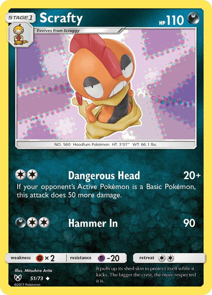 51, Darkness, Fighting[×2], Normal, Psychic[-20], Reverse Holofoil, Sun & Moon: Shining Legends, Uncommon Scrafty (51/73) [Sun & Moon: Shining Legends] - Trading Card World