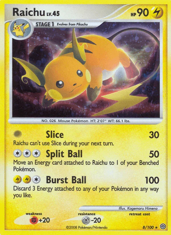 Diamond & Pearl: Stormfront, Fighting[+20], Holo Rare, Holofoil, Lightning, Metal[-20], Reverse Holofoil Raichu (8/100) [Diamond & Pearl: Stormfront] - Trading Card World