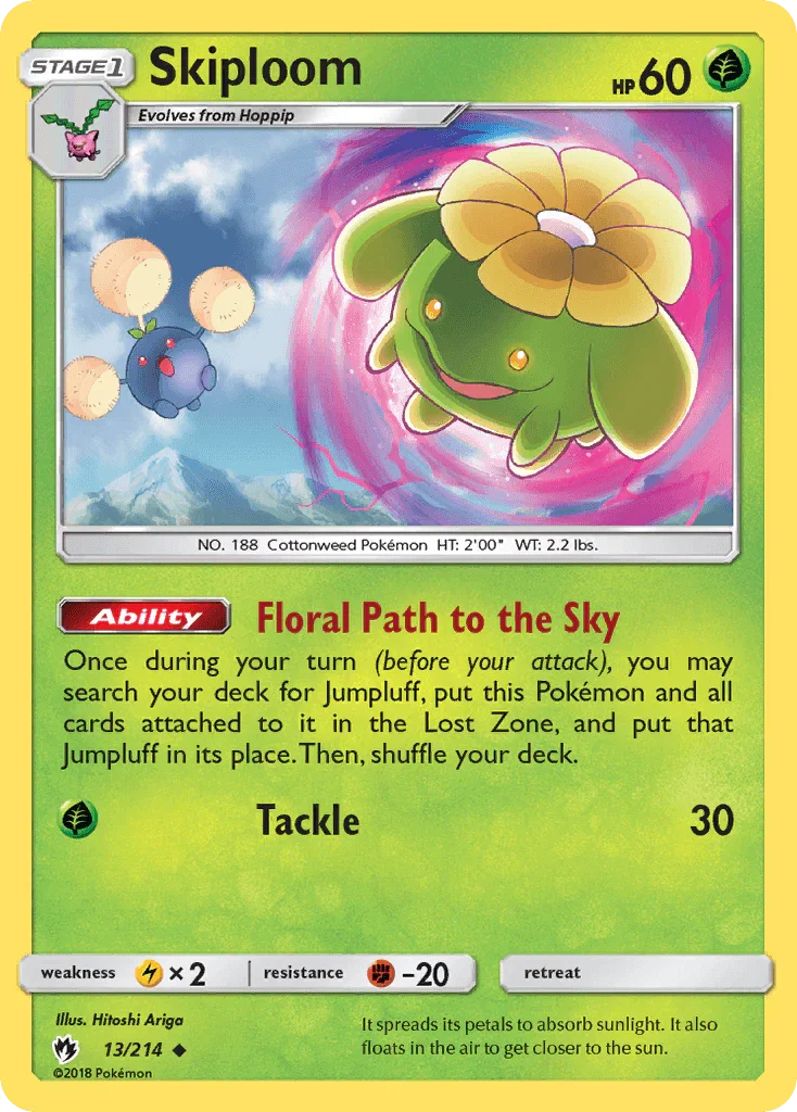 13, Fighting[-20], Grass, Lightning[×2], Normal, Reverse Holofoil, Sun & Moon: Lost Thunder, Uncommon Skiploom (13/214) [Sun & Moon: Lost Thunder] - Trading Card World