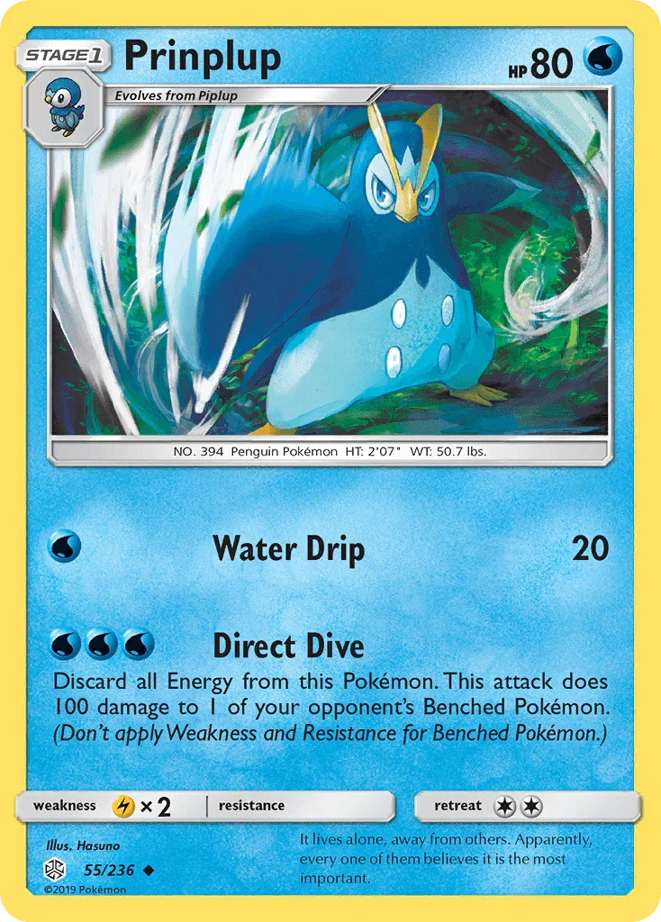 55, Lightning[×2], Normal, Reverse Holofoil, Sun & Moon: Cosmic Eclipse, Uncommon, Water Prinplup (55/236) [Sun & Moon: Cosmic Eclipse] - Trading Card World