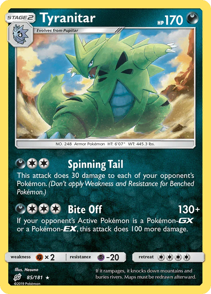 85, Darkness, Fighting[×2], Holo Rare, Holofoil, Psychic[-20], Reverse Holofoil, Sun & Moon: Team Up Tyranitar (85/181) [Sun & Moon: Team Up] - Trading Card World