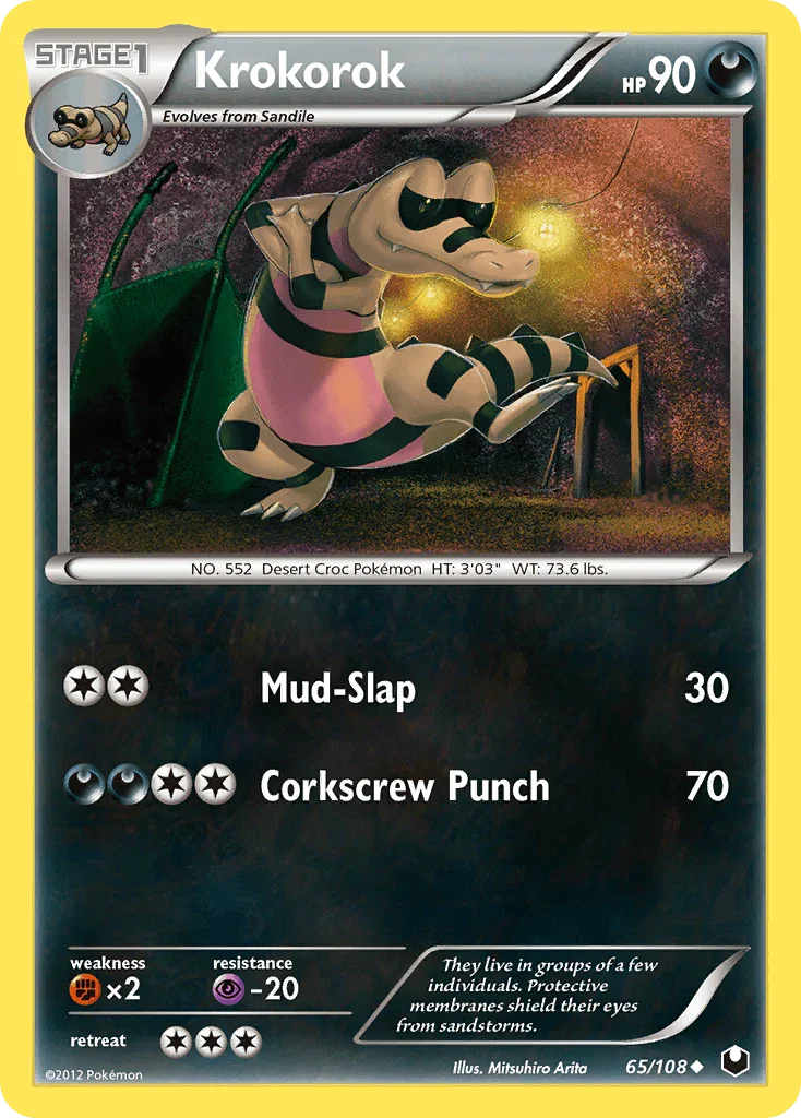 65, Black & White: Dark Explorers, Darkness, Fighting[×2], Normal, Psychic[-20], Reverse Holofoil, Uncommon Krokorok (65/108) [Black & White: Dark Explorers] - Trading Card World