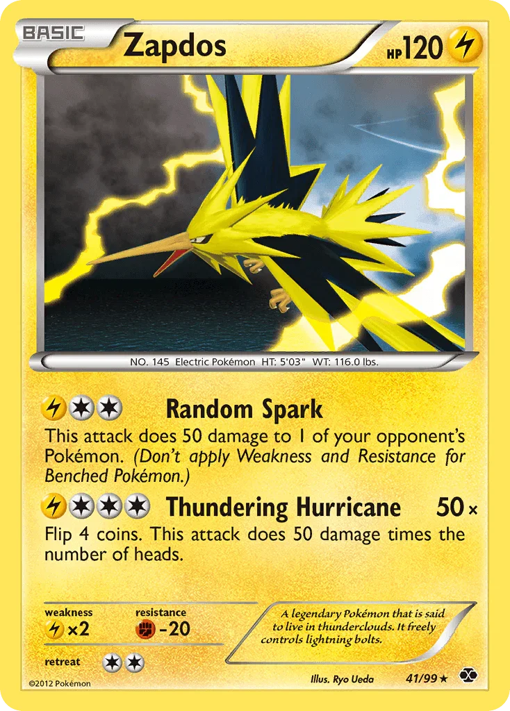 41, Black & White: Next Destinies, Fighting[-20], Holo Rare, Holofoil, Lightning, Lightning[×2], Reverse Holofoil Zapdos (41/99) [Black & White: Next Destinies] - Trading Card World