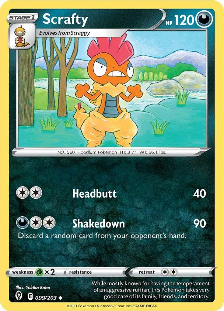 099, Darkness, Grass [x2], Normal, Reverse Holofoil, Sword & Shield: Evolving Skies, Uncommon Scrafty (099/203) [Sword & Shield: Evolving Skies] - Trading Card World