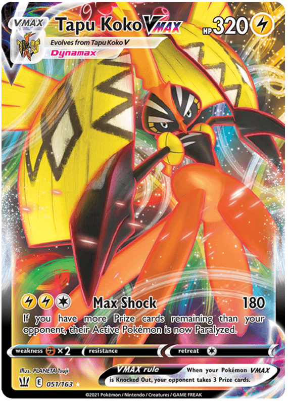 051, Fighting[×2], Holofoil, Lightning, Sword & Shield: Battle Styles, Ultra Rare Tapu Koko VMAX (051/163) [Sword & Shield: Battle Styles] - Trading Card World