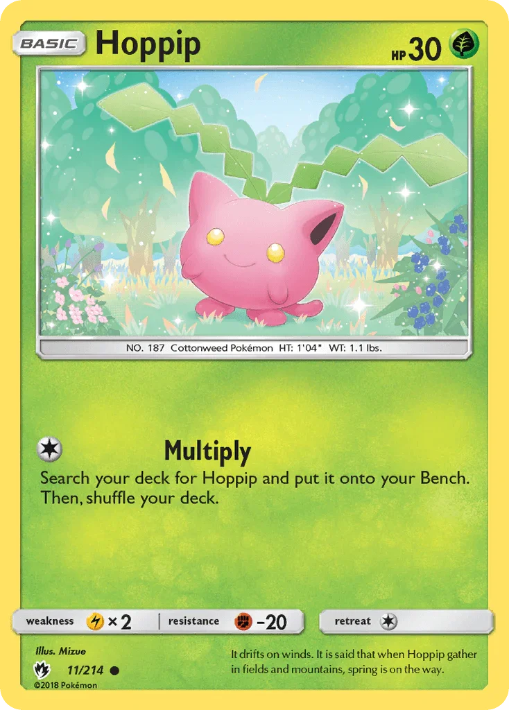 11, Common, Fighting[-20], Grass, Lightning[×2], Normal, Reverse Holofoil, Sun & Moon: Lost Thunder Hoppip (11/214) [Sun & Moon: Lost Thunder] - Trading Card World
