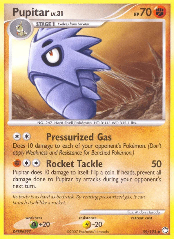 59, Diamond & Pearl: Mysterious Treasures, Fighting, Grass[+20], Lightning[-20], Normal, Reverse Holofoil, Uncommon Pupitar (59/123) [Diamond & Pearl: Mysterious Treasures] - Trading Card World
