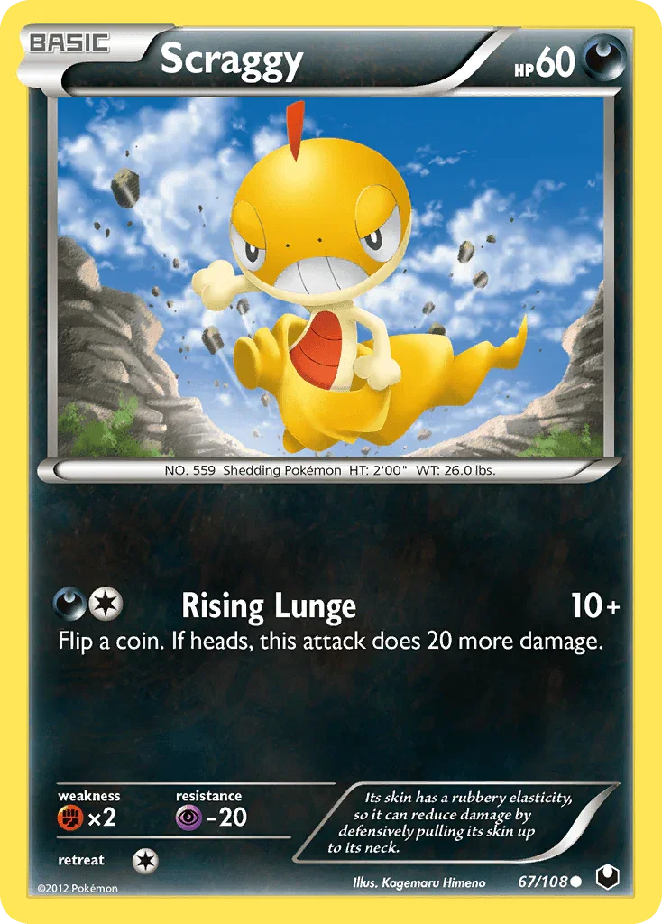 67, Black & White: Dark Explorers, Common, Darkness, Fighting[×2], Normal, Psychic[-20], Reverse Holofoil Scraggy (67/108) [Black & White: Dark Explorers] - Trading Card World