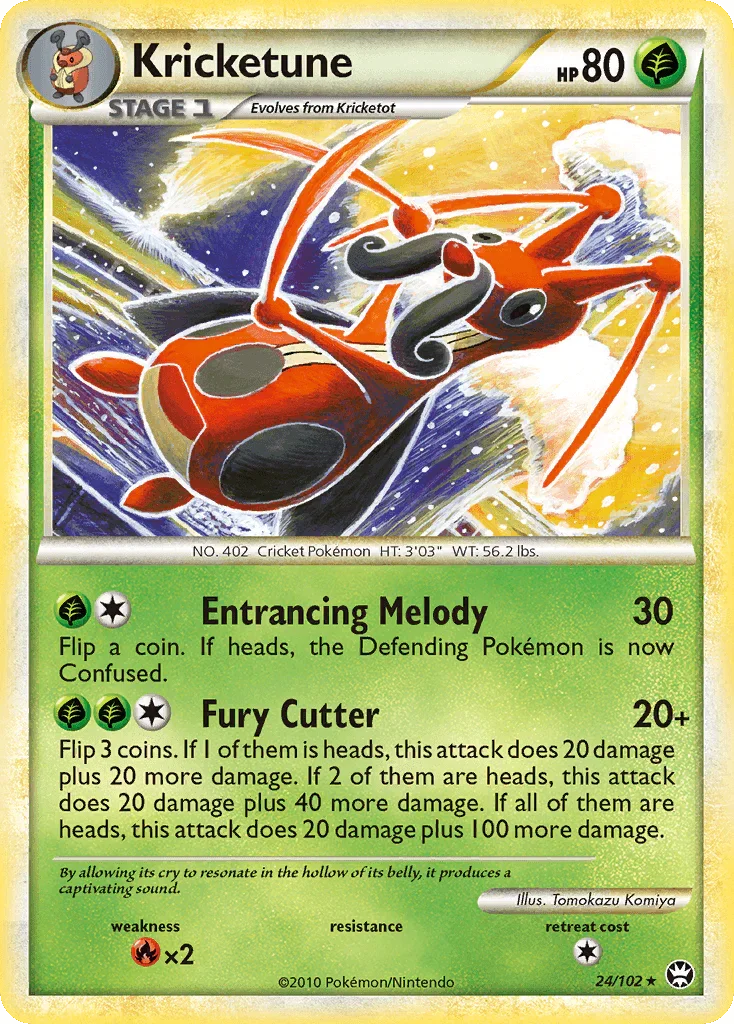 24, Fire[×2], Grass, HeartGold & SoulSilver: Triumphant, Normal, Rare, Reverse Holofoil Kricketune (24/102) [HeartGold & SoulSilver: Triumphant] - Trading Card World