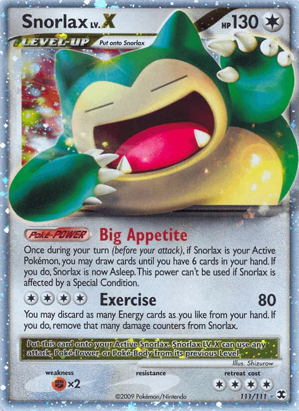 111, Colorless, Fighting[×2], Holo Rare, Holofoil, Platinum: Rising Rivals Snorlax LV.X (111/111) [Platinum: Rising Rivals] - Trading Card World