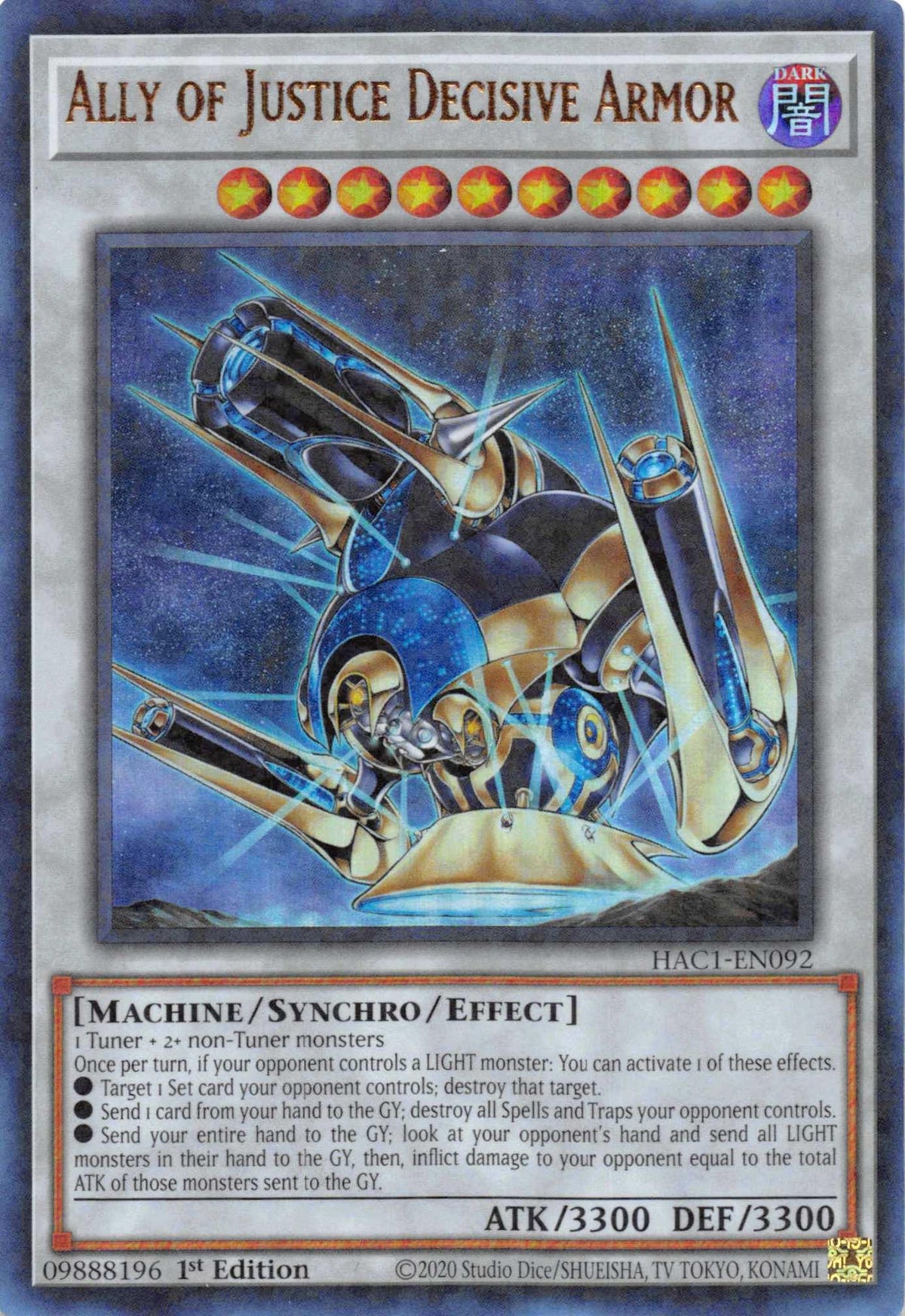 1st Edition, Dark, Hidden Arsenal: Chapter 1, Machine, Parallel Rare, Synchro/Effect Monster Ally of Justice Decisive Armor (Duel Terminal) [HAC1-EN092] Parallel Rare - Trading Card World