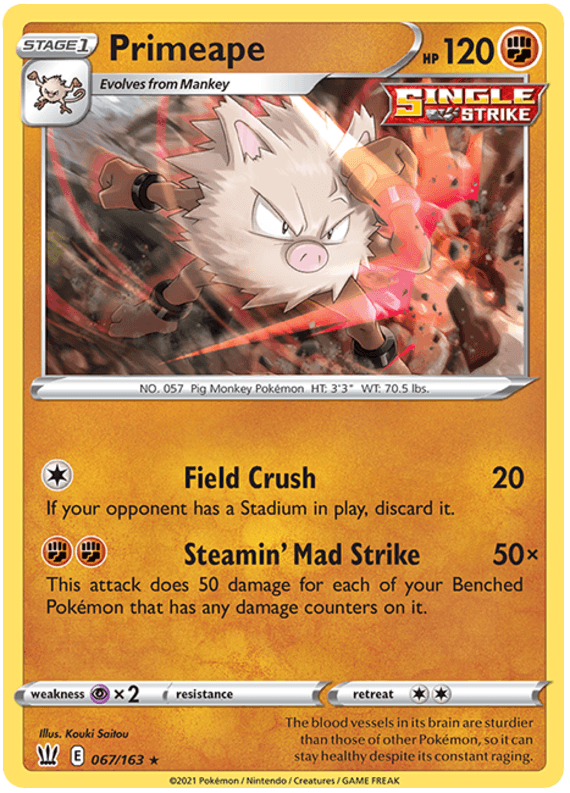 067, Fighting, Normal, Psychic[x2], Rare, Reverse Holofoil, Sword & Shield: Battle Styles Primeape (067/163) [Sword & Shield: Battle Styles] - Trading Card World