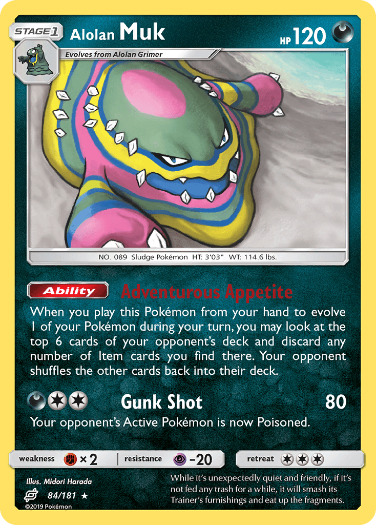 84, Darkness, Fighting[×2], Normal, Psychic[-20], Rare, Reverse Holofoil, Sun & Moon: Team Up Alolan Muk (84/181) [Sun & Moon: Team Up] - Trading Card World