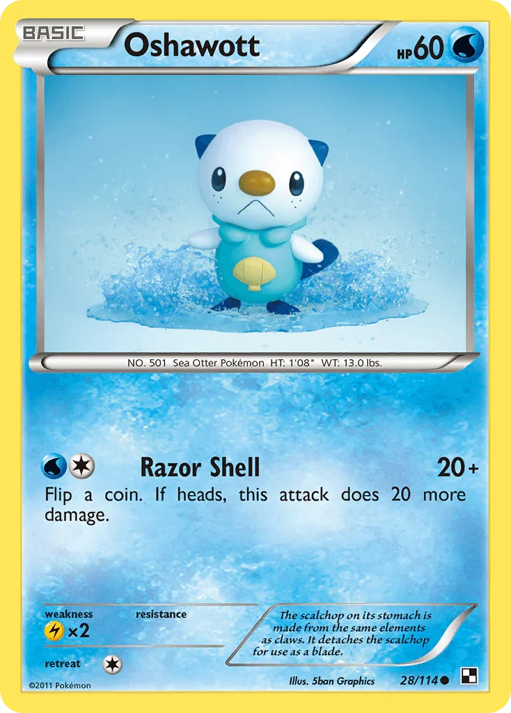 28, Black & White: Base Set, Common, Lightning[×2], Normal, Reverse Holofoil, Water Oshawott (28/114) [Black & White: Base Set] - Trading Card World