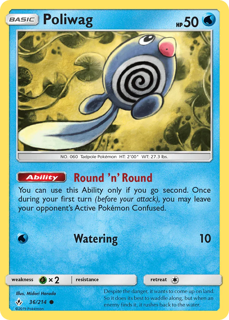 36, Common, Grass[×2], Normal, Reverse Holofoil, Sun & Moon: Unbroken Bonds, Water Poliwag (36/214) [Sun & Moon: Unbroken Bonds] - Trading Card World