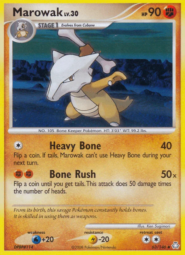 63, Diamond & Pearl: Legends Awakened, Fighting, Lightning[-20], Normal, Reverse Holofoil, Uncommon, Water[+20] Marowak (63/146) [Diamond & Pearl: Legends Awakened] - Trading Card World