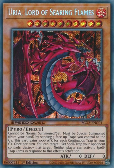 1st Edition, Effect Monster, Fire, Pyro, Secret Rare, Speed Duel GX: Duelists of Shadows Uria, Lord of Searing Flames [SGX3-ENG01] Secret Rare - Trading Card World