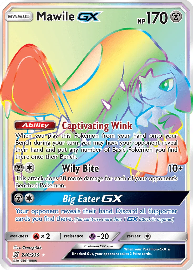 246, Fire[×2], Holofoil, Metal, Psychic[-20], Secret Rare, Sun & Moon: Unified Minds Mawile GX (246/236) [Sun & Moon: Unified Minds] - Trading Card World