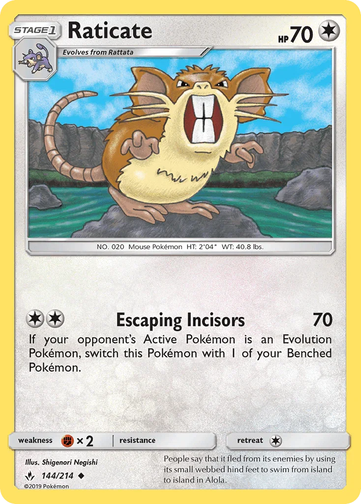 144, Colorless, Fighting[×2], Normal, Reverse Holofoil, Sun & Moon: Unbroken Bonds, Uncommon Raticate (144/214) [Sun & Moon: Unbroken Bonds] - Trading Card World
