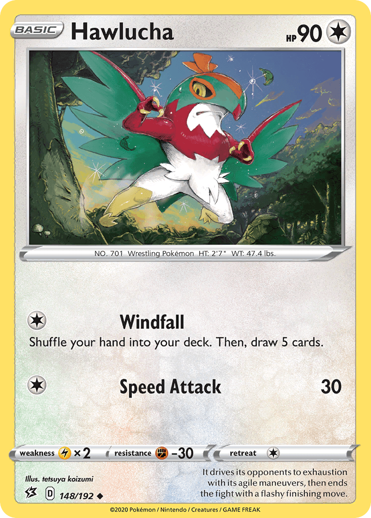 148, Colorless, Fighting[-30], Lightning[×2], Normal, Reverse Holofoil, Sword & Shield: Rebel Clash, Uncommon Hawlucha (148/192) [Sword & Shield: Rebel Clash] - Trading Card World