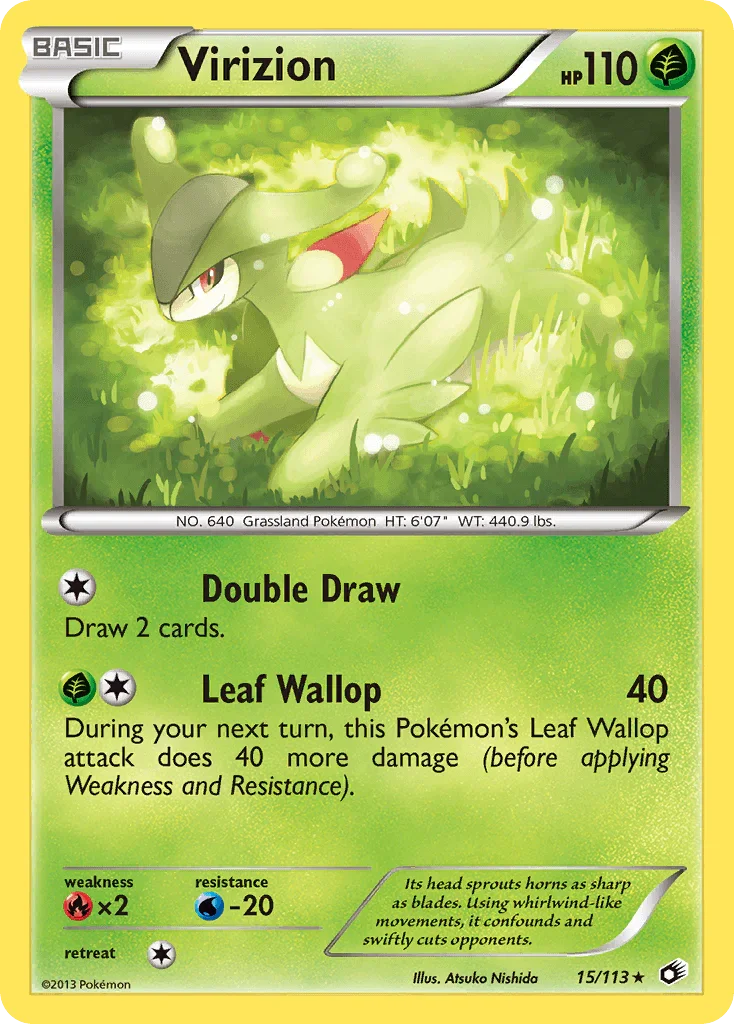 15, Black & White: Legendary Treasures, Fire[×2], Grass, Holo Rare, Holofoil, Reverse Holofoil, Water[-20] Virizion (15/113) [Black & White: Legendary Treasures] - Trading Card World