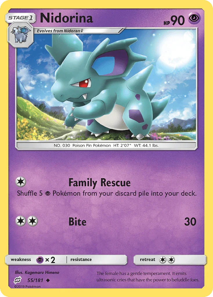 55, Normal, Psychic, Psychic[×2], Reverse Holofoil, Sun & Moon: Team Up, Uncommon Nidorina (55/181) [Sun & Moon: Team Up] - Trading Card World