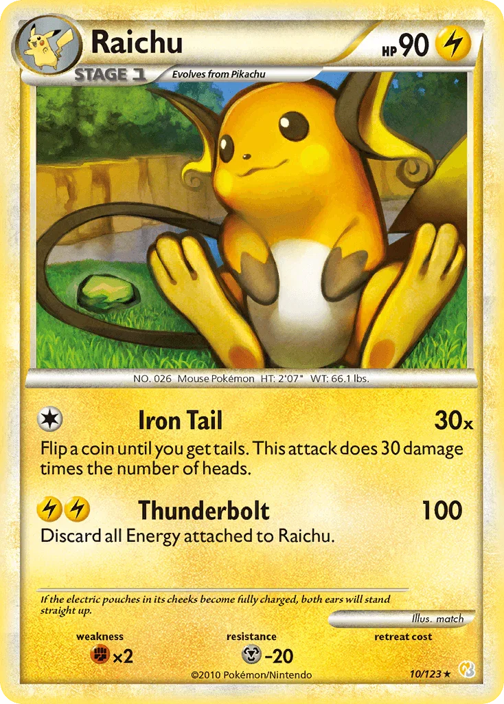 10, Fighting[×2], HeartGold & SoulSilver: Base Set, Holo Rare, Holofoil, Lightning, Metal[-20], Reverse Holofoil Raichu (10/123) [HeartGold & SoulSilver: Base Set] - Trading Card World
