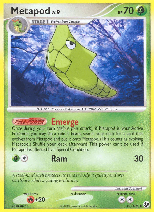 47, Diamond & Pearl: Great Encounters, Fire[+20], Grass, Normal, Reverse Holofoil, Uncommon Metapod (47/106) [Diamond & Pearl: Great Encounters] - Trading Card World