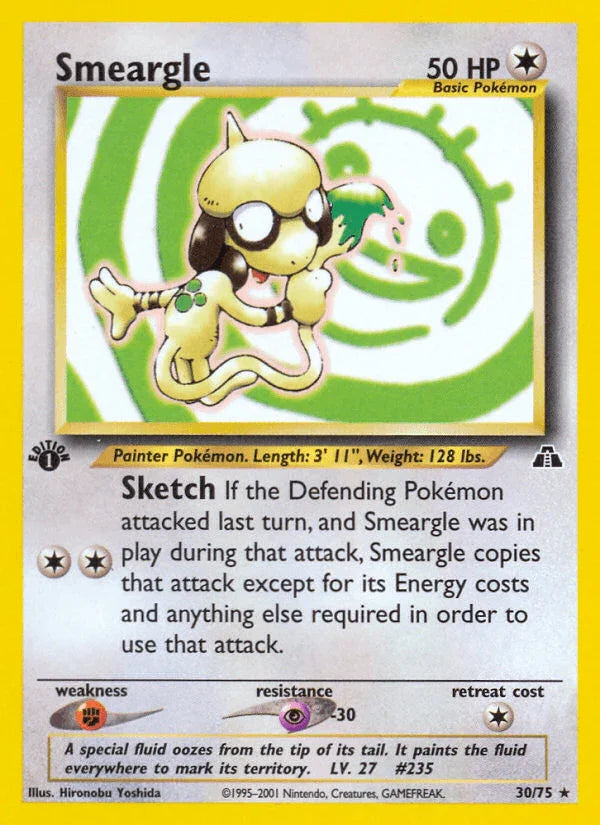 1st Edition Normal, 30, Colorless, Fighting[×2], Neo Discovery 1st Edition, Psychic[-30], Rare Smeargle (30/75) [Neo Discovery 1st Edition] - Trading Card World
