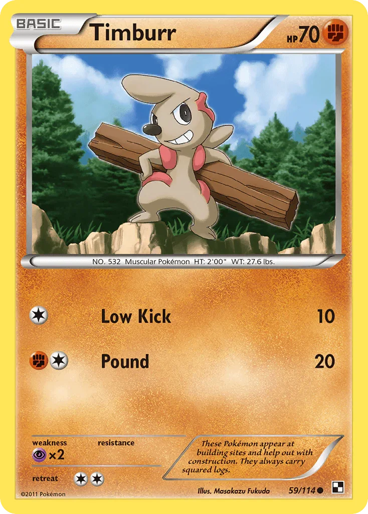 59, Black & White: Base Set, Common, Fighting, Normal, Psychic[×2], Reverse Holofoil Timburr (59/114) [Black & White: Base Set] - Trading Card World