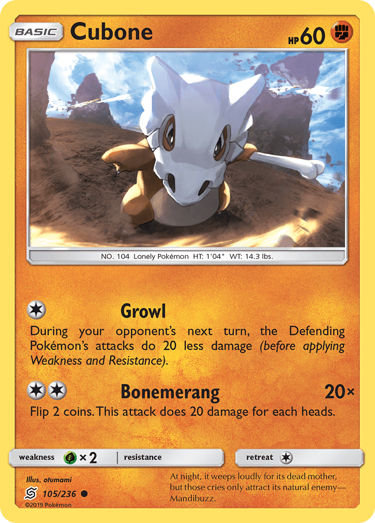 105, Common, Fighting, Grass[×2], Normal, Reverse Holofoil, Sun & Moon: Unified Minds Cubone (105/236) [Sun & Moon: Unified Minds] - Trading Card World