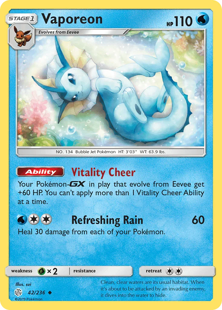 42, Grass[×2], Normal, Reverse Holofoil, Sun & Moon: Cosmic Eclipse, Uncommon, Water Vaporeon (42/236) [Sun & Moon: Cosmic Eclipse] - Trading Card World