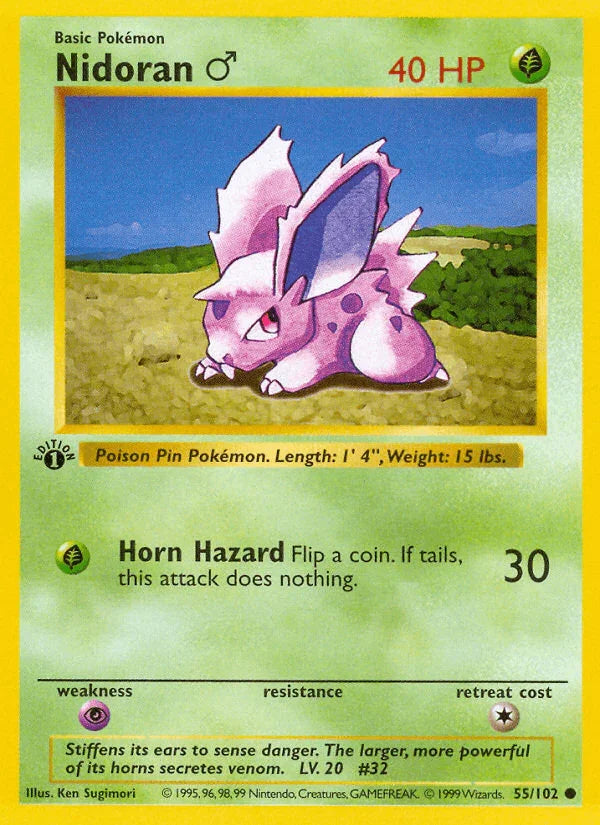 1st Edition Normal, 55, Base Set 1st Edition, Common, Grass, Psychic[×2] Nidoran (55/102) (Male) (Shadowless) [Base Set 1st Edition] - Trading Card World