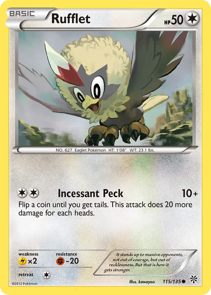 115, Black & White: Plasma Storm, Colorless, Common, Fighting[-20], Lightning[×2], Normal, Reverse Holofoil Rufflet (115/135) [Black & White: Plasma Storm] - Trading Card World