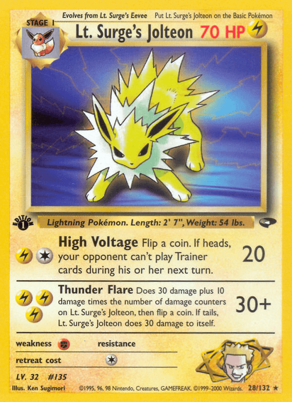 1st Edition Normal, 28, Fighting[×2], Gym Challenge 1st Edition, Lightning, Rare Lt. Surge's Jolteon (28/132) [Gym Challenge 1st Edition] - Trading Card World