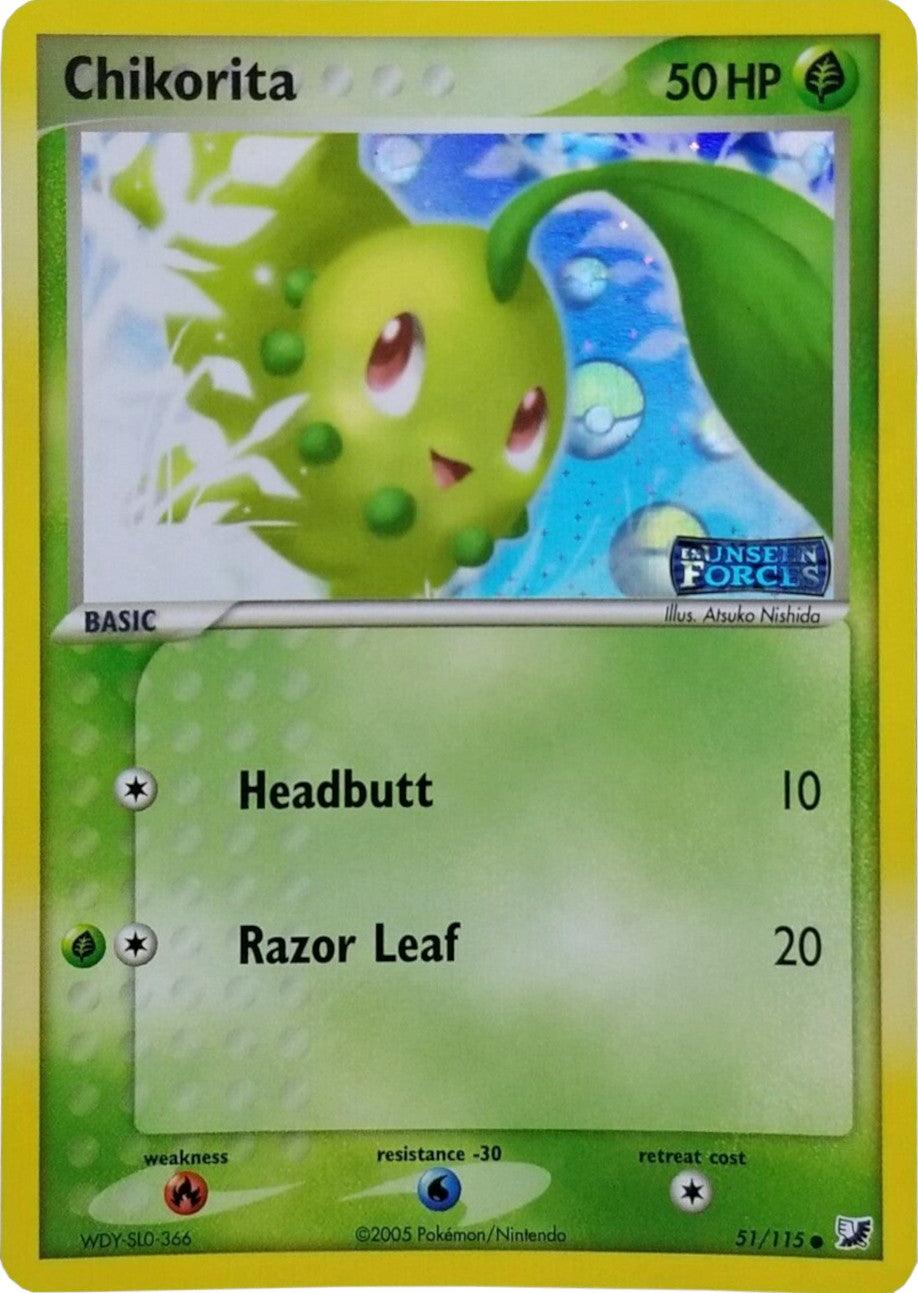 51, Common, EX: Unseen Forces, Fire[×2], Grass, Reverse Holofoil, Water[-30] Chikorita (51/115) (Stamped) [EX: Unseen Forces] - Trading Card World