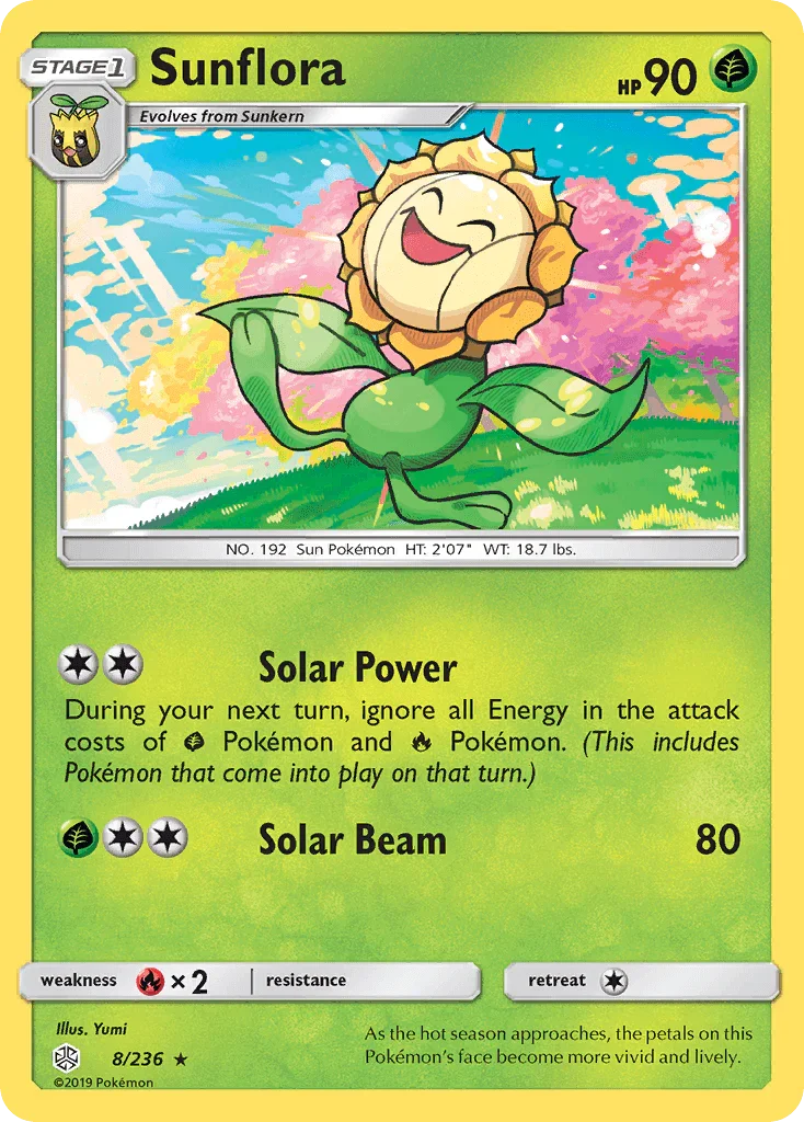 Fire[×2], Grass, Normal, Rare, Reverse Holofoil, Sun & Moon: Cosmic Eclipse Sunflora (8/236) [Sun & Moon: Cosmic Eclipse] - Trading Card World